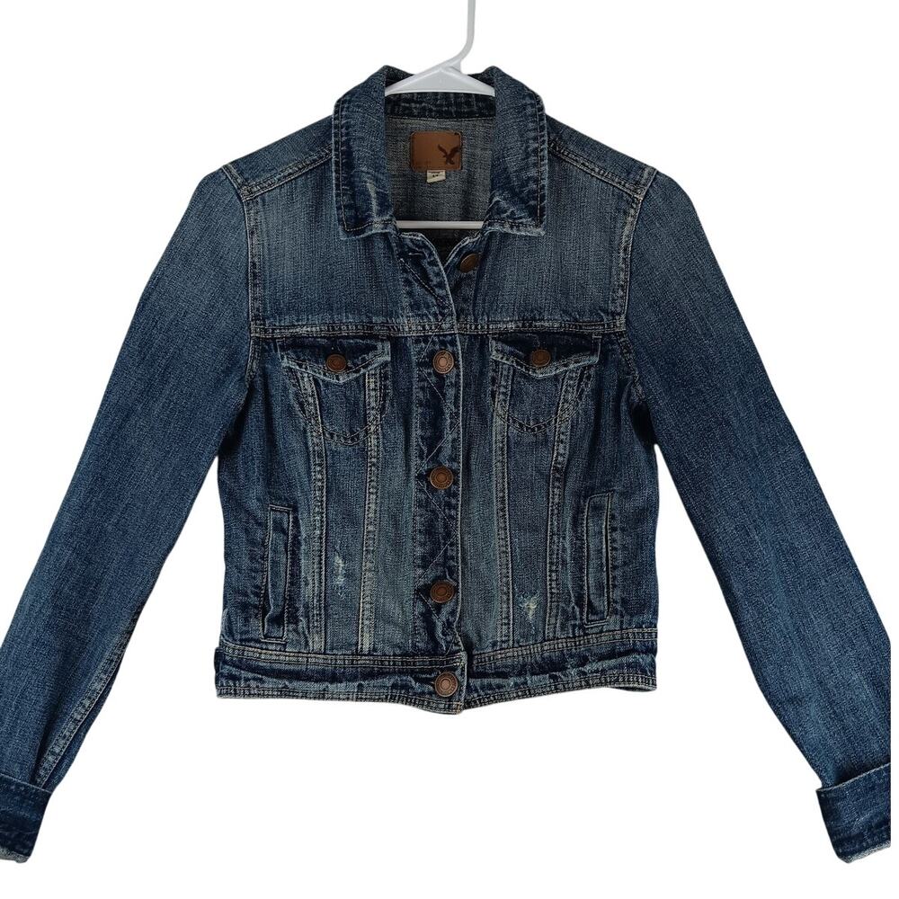 American Eagle Outfitters Cropped Jean Jacket Womens S/P Blue Distressed Trucker